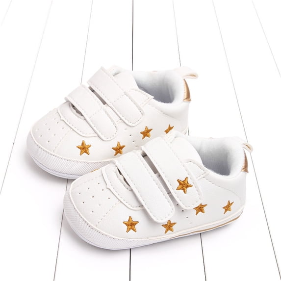 Dakaela Baby Boys Girls Shoes Infant Sneakers Leather Newborn Moccasins Loafers Anti Slip Toddler Flats Crib Shoes with Hook Loop Gold 0-6 Months