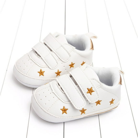 Dakaela Baby Boys Girls Shoes Infant Sneakers Leather Newborn Moccasins Loafers Anti Slip Toddler Flats Crib Shoes with Hook Loop Gold 12-18 Months