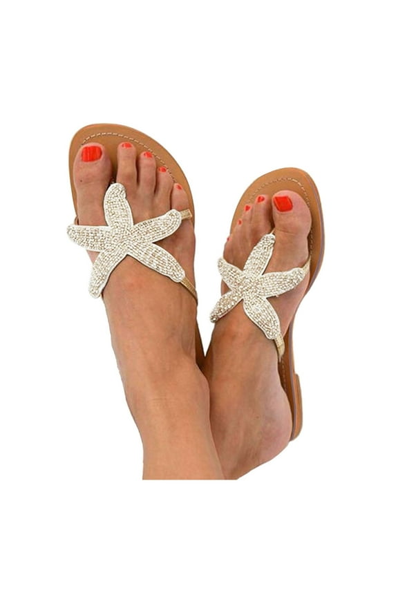Beach Sandals for Woman Cute Starfish Slide Flats Women's Bohemian Thong Flip Flops White 9.5