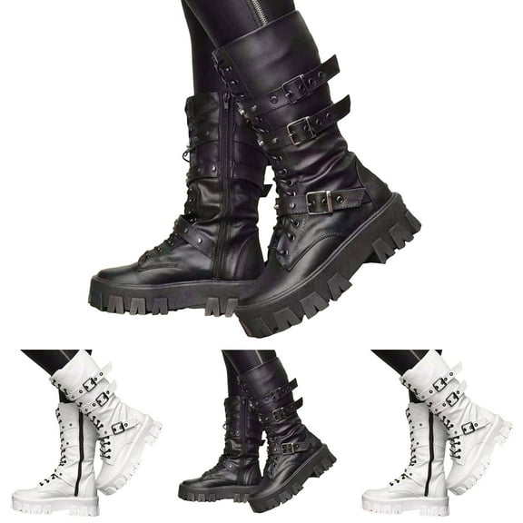 Dakaela Black Platform Goth Boots for Women Buckle Combat Mid Calf Boot Side Zipper Motorcycle Riding Biker Booties Black 7