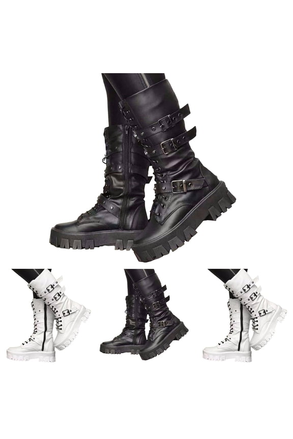 Black Platform Goth Boots for Women Buckle Combat Mid Calf Boot Side Zipper Motorcycle Riding Biker Booties Black 7