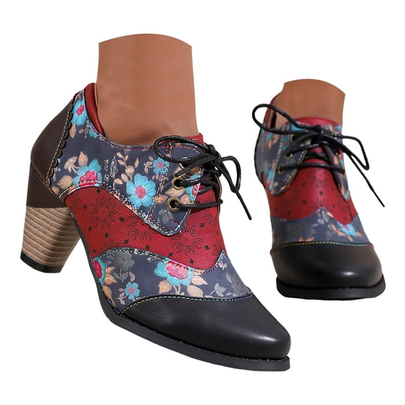 Dakaela Bohemian Ankle Booties for Women Floral Patchwork Lace‑Up Block Heel Retro Boots Western Dress Casual Leather Oxford Heels Size 6-10
