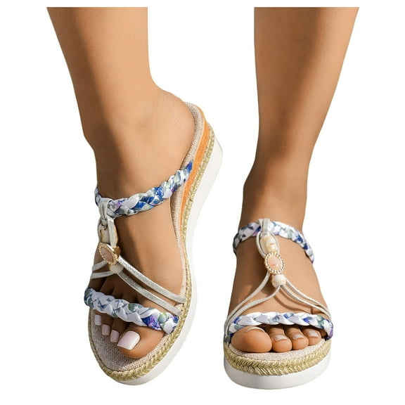 Dakaela Bohemian Wedge Sandals for Women Wide Width Casual Platform Slides Open Toe Orthopedic Dressy Slip on Summer Beach Shoes Beige 7.5