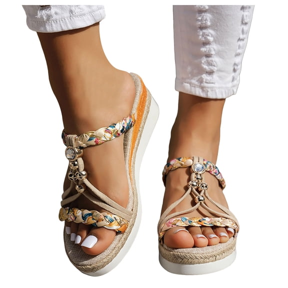 Dakaela Bohemian Wedge Sandals for Women Wide Width Casual Platform Slides Open Toe Orthopedic Dressy Slip on Summer Beach Shoes Beige 7.5