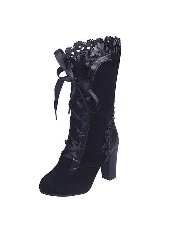 Boots for Women Mid Heels Lace up Victorian Mid Calf Boots Vintage Suede Dress Pump Booties