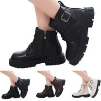 Dakaela Boys Girls Ankle Boots Toddler Waterproof Lace up Combat Booties Kids Buckle Motorcycle Riding Shoes with Side Zipper Black 9