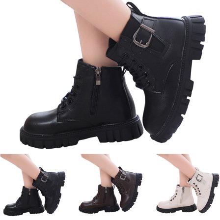 Dakaela Boys Girls Ankle Boots Toddler Waterproof Lace up Combat Booties Kids Buckle Motorcycle Riding Shoes with Side Zipper Black 9