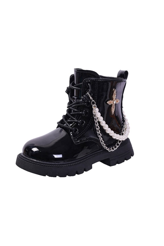 Boys Girls Ankle Boots Waterproof Lace up Toddler Combat Booties Little Kids Outdoor Walking Shoes with Side Pearl Chain Black 2