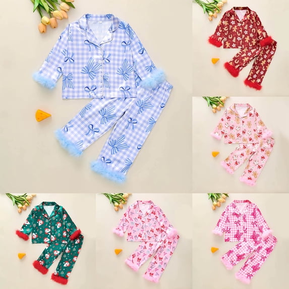 Dakaela Boys Girls Kids Lapel Christmas Two Piece Pajama Set Button ...