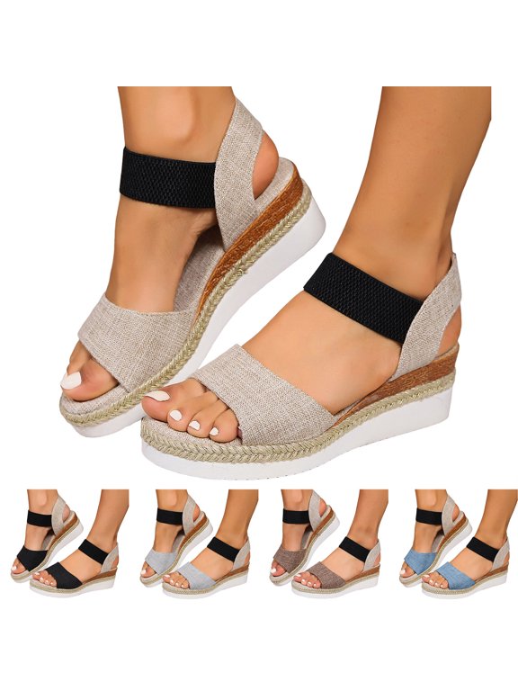 Canvas Platform Wedge Sandals for Woman Open Toe Summer Casual Espadrille with Elastic Ankle Strap 2.17 Inch Vacation Walking Shoes Size 6-10 Beige