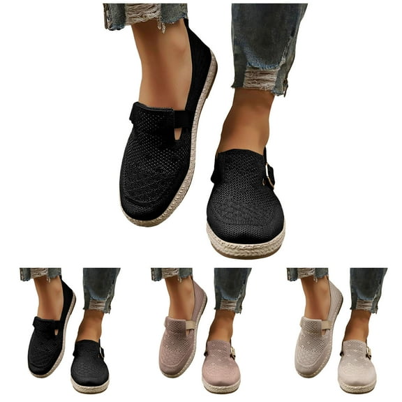 Dakaela Casual Espadrilles Flats for Women Comfort Linen Slip on Walking Shoes Closed Toe Mesh Knit Ballet Dress Loafers Black 7.5