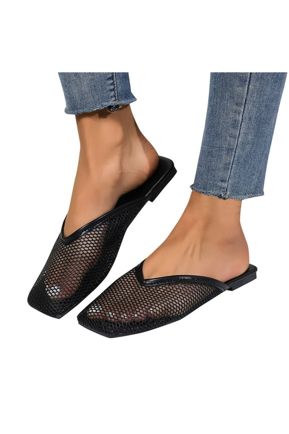 Casual Slingback Flat Mules Women's Fashion Square Toe Mesh Slide Summer Slippers Size 6-8