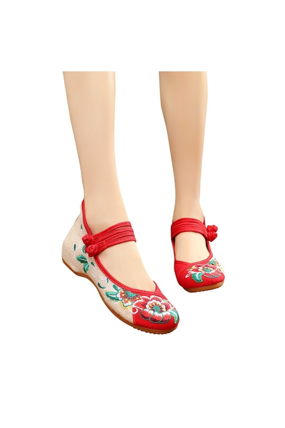 Chinese Slip on Shoes for Women Embroidered Traditional Walking Flats Ankle Strap Mary Jane
