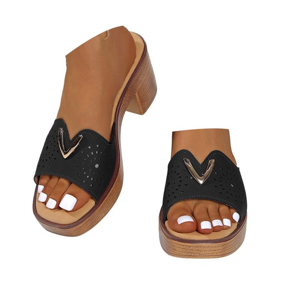 Dakaela Chunky Heel Sandals for Women Leather Slip on Dressy Shoes Cutout Summer Beach Walking Slides