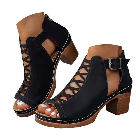 Dakaela Chunky Heeled Sandals for Women Bohemian Cutout Open Toe Platform Summer Dress Ankle Booties