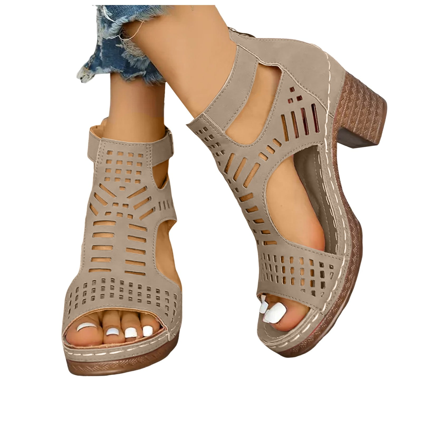 Women's Chunky Heel Ankle Boots - Buckle Strap, Cutout Design, Pointed Toe, Side Zipper, Dressy Summer & Fall Style