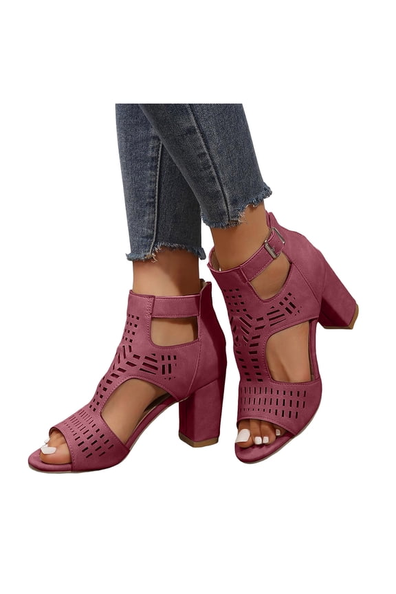 Chunky Heeled Sandals for Womens Bohemian Cutout Open Toe Dressy Heels Summer Pumps Booties for Bridal Wedding Party Wine Size 8
