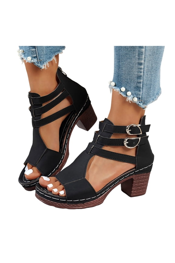 Chunky Heeled Sandals for Womens Cutout Ankle Buckles Open Toe Booties Leather Summer Wedding Party Dress Pumps Shoes Black Size 9