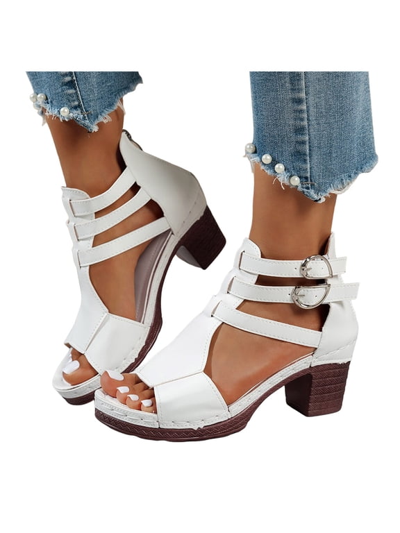 Chunky Heeled Sandals for Womens Cutout Ankle Buckles Open Toe Booties Leather Summer Wedding Party Dress Pumps Shoes White Size 10.5