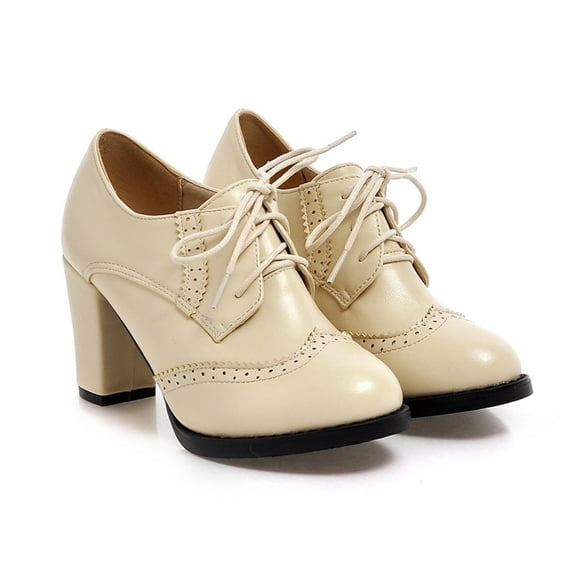 Dakaela Chunky High Heeled Booties Lace up Victorian Ankle Boots Round Toe Dress Pumps for Wedding Party Prom Beige 8