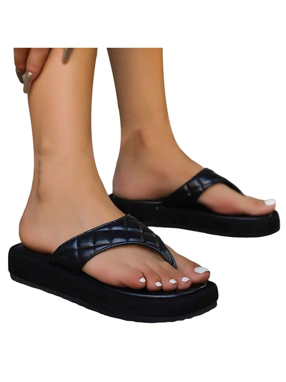 Chunky Platform Flip Flops Stylish Wedge Cloud Slides with Arch Support Waterproof Leather Soft Sole Orthopedic Thong Sandals Black Size 6.5