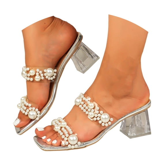 Dakaela Clear Heels for Women Pearl Two Strap Block Square Heel Sandals Open Toe Slip on Slides