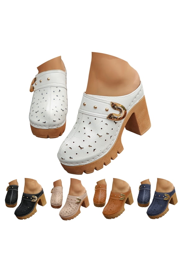 Clogs for Women Chunky High Heel Slip on Mules Closed Round Toe Slingback Dress Sandals Backless Casual Slides Pumps Shoes Beige 6.5