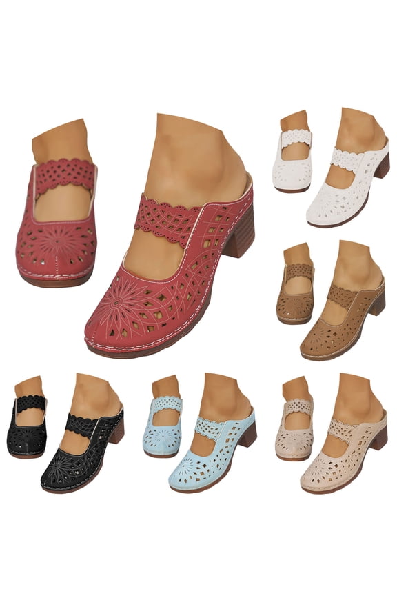 Clogs for Women Closed Toe Chunky Heels Mules Cutout Hollow Slip on Slides Loafer Shoes Arch Support Summer Heeled Sandals Beige 6.5