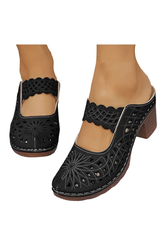 Clogs for Women Closed Toe Chunky Heels Mules Cutout Hollow Slip on Slides Loafer Shoes Arch Support Summer Heeled Sandals Black 9.5