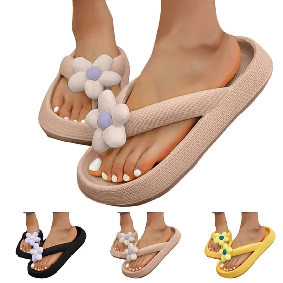 Dakaela Cloud Flip Flops for Women Floral Open Toe Summer Beach Thong Sandals Platform Pillow Slippers Comfortable Slip on Slides Size 6 7 8 Black