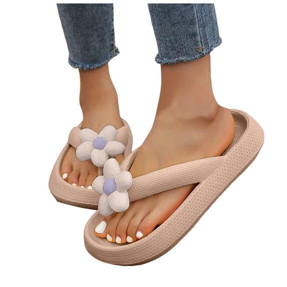 Dakaela Cloud Flip Flops for Women Floral Open Toe Summer Beach Thong Sandals Platform Pillow Slippers Comfortable Slip on Slides Size 6 7 8 Khaki