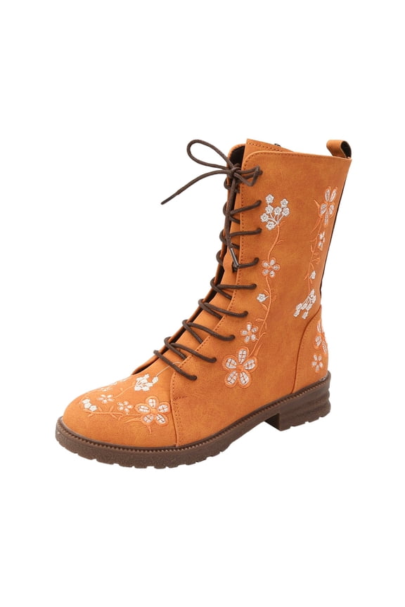 Combat Boots for Women Vintage Lace up Flower Ankle Booties Boho Retro Riding Casual Shoes