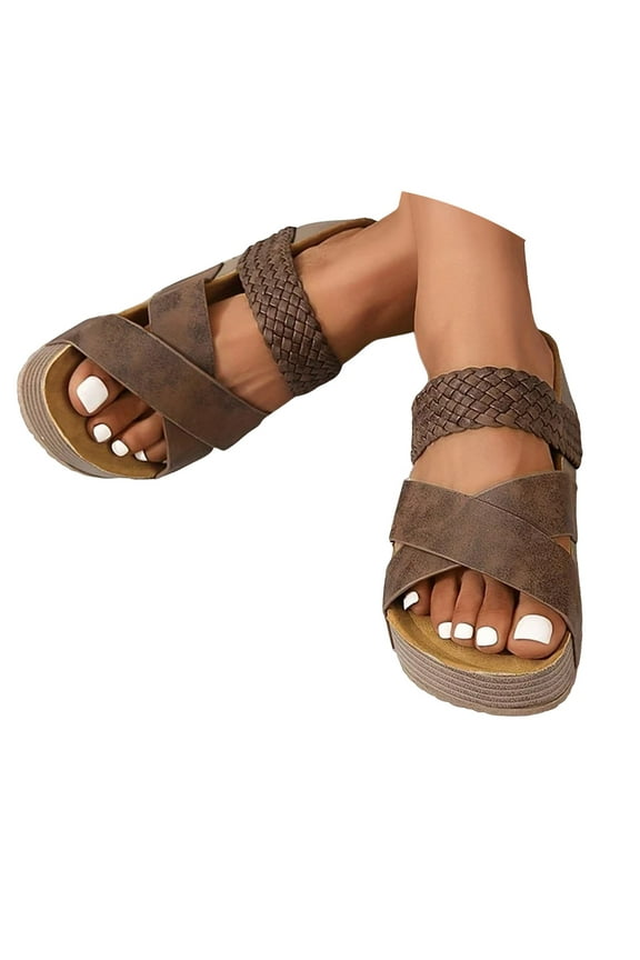 Cork Platform Sandals for Women Braided Band Slide Clogs Suede Wedge Slip on Sandals Slippers