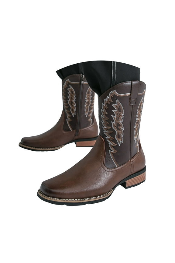 Cowboy Boots for Men Embroidered Western Men's Slip on Boot Square Toe Chunky Heel Ankle Booties