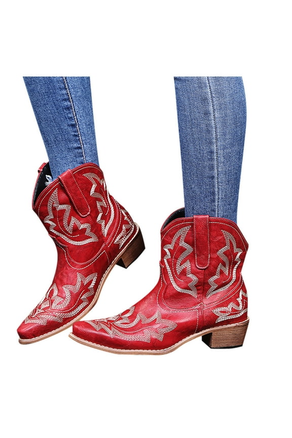 Cowboy Boots for Women Cowgirl Western Ankle Booties Pointed Toe Embroidered Low Heels Shoes