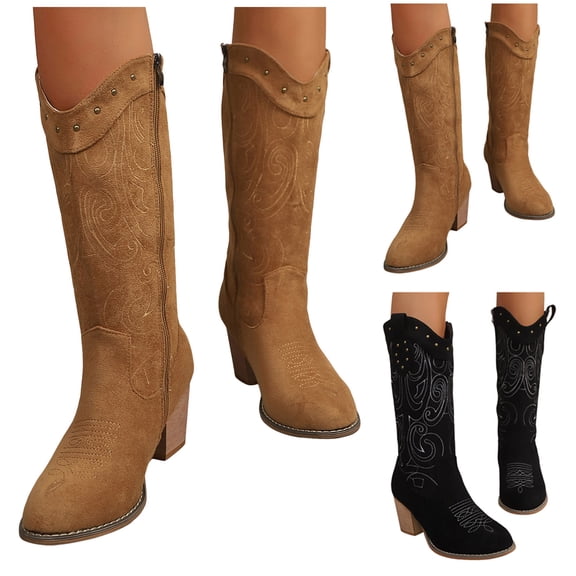 Dakaela Cowboy Boots for Women Cowgirl Western Knee High Boot Suede Chunky Heel Winter Pull on Long Boot Black 6