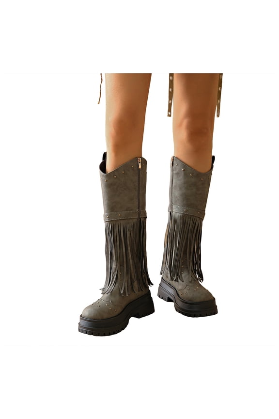 Cowboy Boots for Women Fringe Western Platform Knee High Cowgirl Boot Pull on Side Zipper Motorcycle Riding Boots