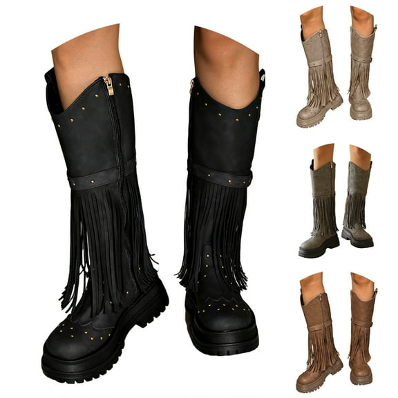 Dakaela Cowboy Boots for Women Fringe Western Platform Knee High Cowgirl Boot Pull on Side Zipper Motorcycle Riding Boots