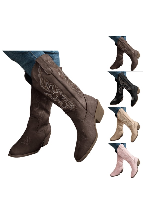Cowboy Boots for Women Knee High Cowgirl Western Booties Comfort Embroidered Wide Calf Tall Boots Black 8