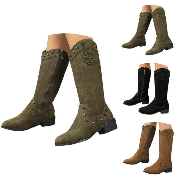 Dakaela Cowboy Boots for Women Suede Knee High Riding Cowgirl Boot Chunky Heel Pull On Fashion Retro Western Tall Boots Black 6