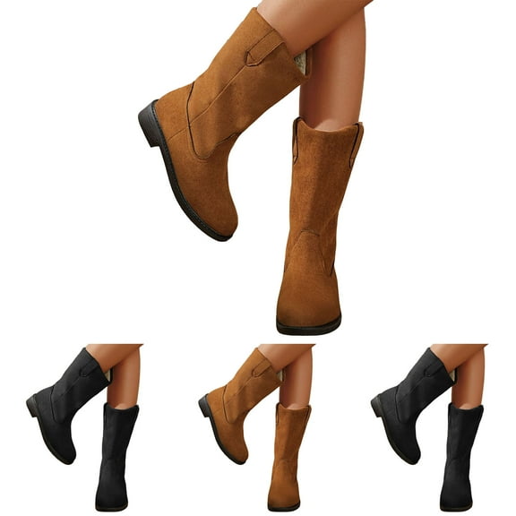 Dakaela Cowboy Cowgirl Boots for Women Suede Wide Mid Calf Western Booties Pull on Winter Country Biker Riding Shoes