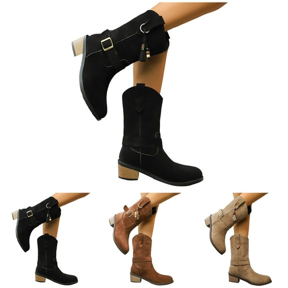 Dakaela Cowboy Cowgirl Boots for Women Western Country Mid Calf Booties Round Toe Slouchy Riding Boot with Buckle Strap Black 8