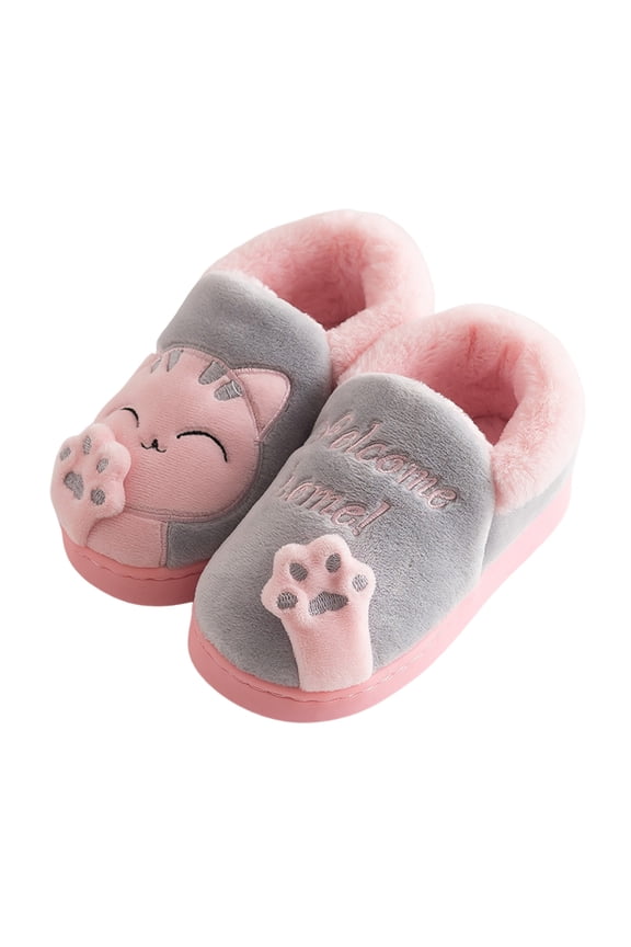 Cute Animal House Slippers for Boys Girls Cat Warm Fuzzy House Shoes Closed Back Non Slip Bedroom Slide Shoes Grey Size 12.5