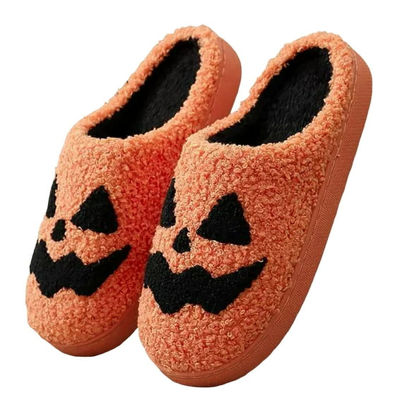 Dakaela Cute Slippers for Women Men Halloween Fuzzy Bedroom House Shoes Fleece Lined Plush Slip on Winter Slides Orange 9