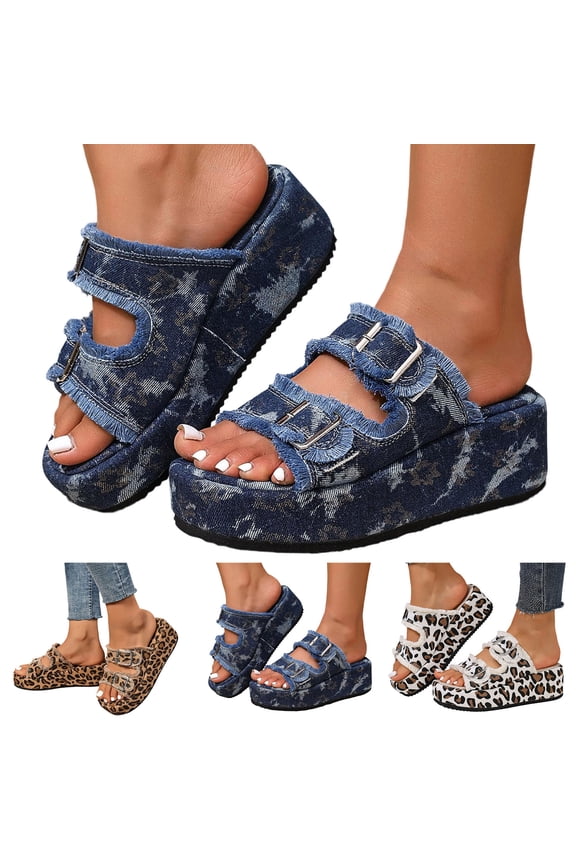 Denim Platform Slide Sandals Women Leopard Open Toe Summer Casual Shoes with Double Buckles Beach Outdoor Wedge Slippers Blue Size 6.5