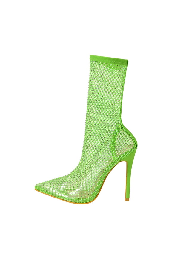 Dress Pump Boots for Women Rhinestone Stiletto High Heel Ankle Sock Booties Fishnet Heeled Sandals