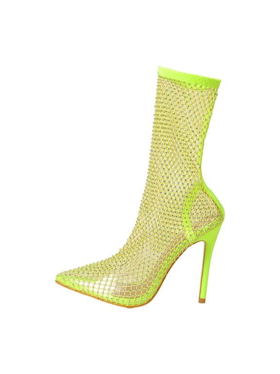 Dress Pump Boots for Women Rhinestone Stiletto High Heel Ankle Sock Booties Fishnet Heeled Sandals