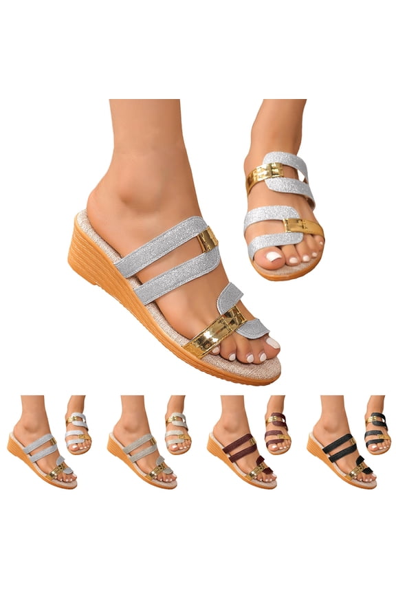 Dressy Wedge Sandals for Women Casual Summer Slip on Espadrille Platform Slides Open Toe Cork Strappy Walking Mules Black 6