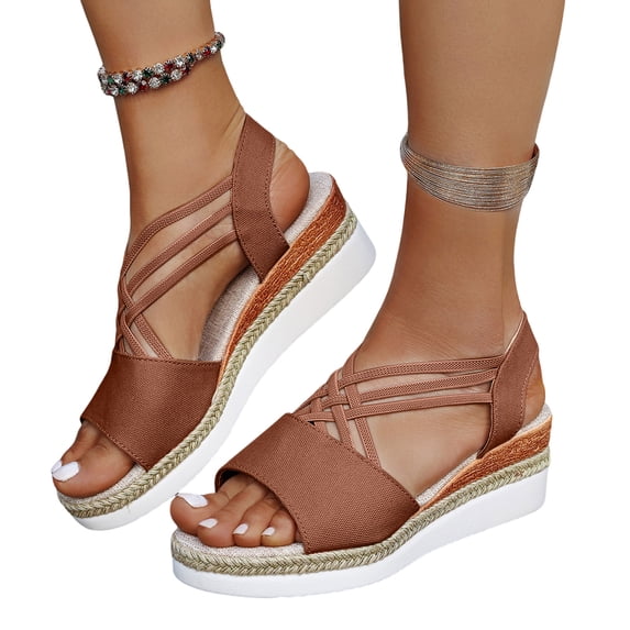 Dakaela Espadrille Wedge Sandals for Women Strappy Slingback Platform Slip on Shoes Comfortable Open Toe Summer Beach Walking Sandal Brown Size 7