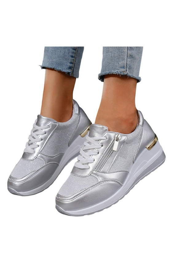 Fashion Wedge Heeled Sneakers for Women Mesh Breathable Walking Running Platfform Shoes Silver 6.5